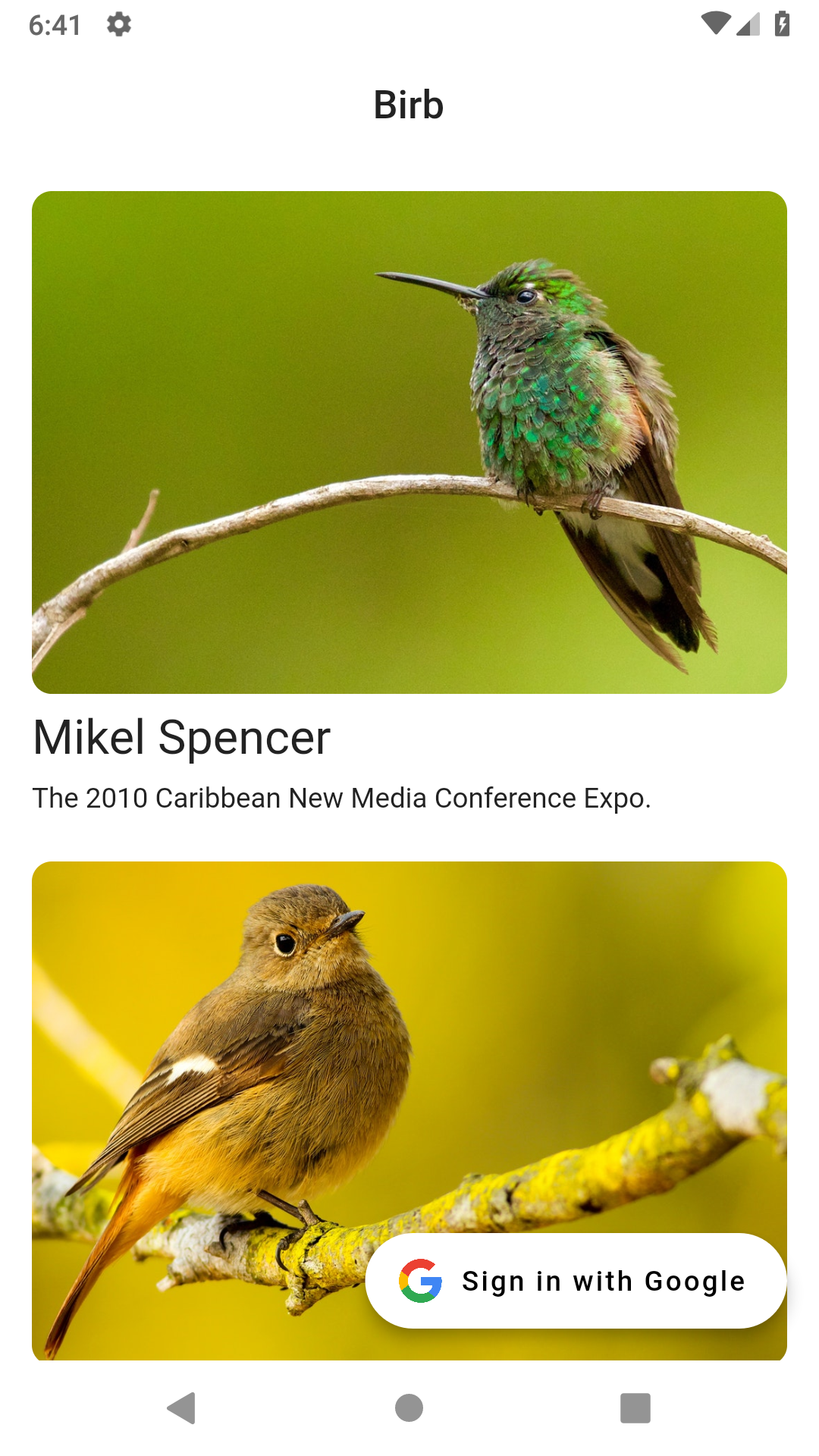 Screenshot of page with sign in with Google button